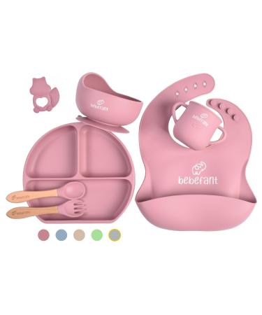 Baby Essentials by Bebefant | Silicone Baby Weaning Set | Suction Bowl | Suction Plate Baby | Cup | Adjustable Bib with Pocket | Bamboo Fork & Spoon for Baby Led Weaning | 6 Piece Baby Feeding Set Pink