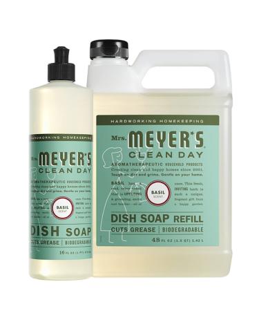 Mrs Meyers Dish Soap Refill Basil Scent Set Includes 48 oz. Refill and 16 oz. Bottle