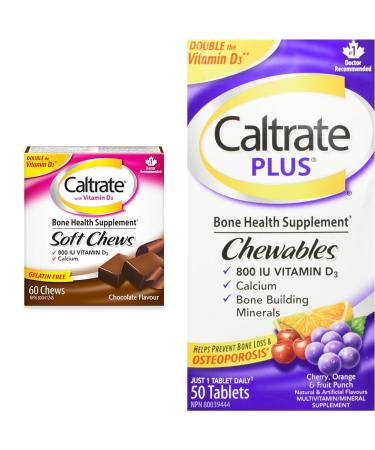 Caltrate with Vitamin D Soft Chews (60 Count Chocolate Flavour) Calcium Bone Health Supplement & Plus Chewables (50 Count Cherry Orange Fruit Flavour) Calcium/Vitamin D3 Supplement