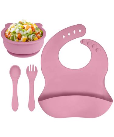 Vicloon Baby Weaning Set 4 Pcs Silicone Baby Feeding Set Suction Plate Bowl Bib Spoon and Fork BPA Free Silicone Feeding Set Toddlers and Kids Bowl Set Gift for Kids (Pink) Bear Sucker Bowl - Pink