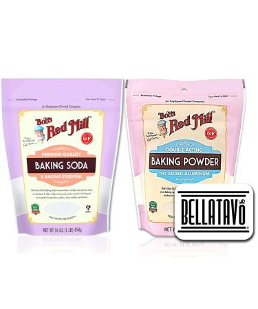 Gluten Free Baking Soda and Baking Powder Bundle. Includes One-14oz Bobs Red Mill Double Acting Baking Powder, One-16oz Bobs Red Mill Baking Soda, and One Authentic BELLATAVO Recipe Card!