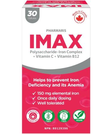 Pharmaris IMAX 150 mg Iron Supplement 250 mg Vit C 1000 mcg Vit B12 30 Capsules Effective iron pills for Iron deficiency Anemia Once Daily Dosing - Buy Online on SooperMarket.com