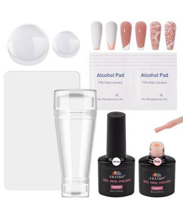 EBANKU Nail Stamper Kit Double Sided French Tip Nail Stamping with White Pink Gel Nail Polish 2PCS Silicone Replace Nail Art Stamper Heads and Scraper for French Nails Home DIY Salon