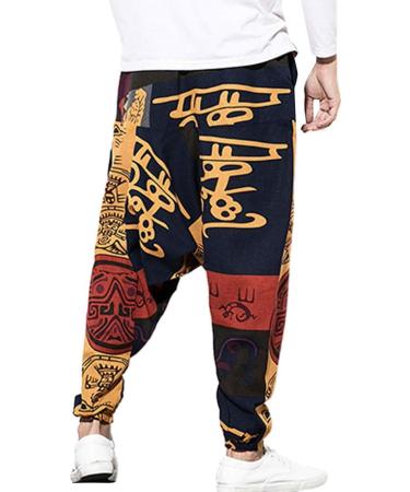 Pejihota Men's Loose Hip-Hop Harem Pants - Linen Bohemian Aladdin Yoga Pants with Pockets | Retro Print & Deep Step Style - Buy Online on SooperMarket.com