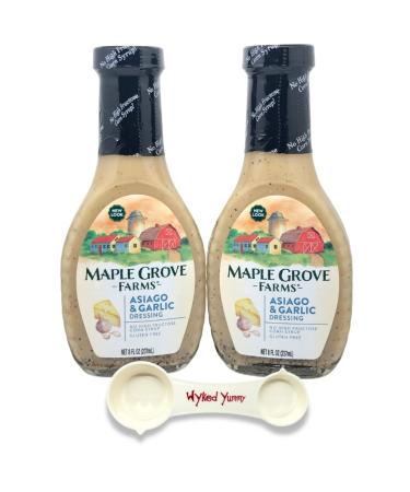 (2) Two 8 ounce Bottles of Maple Grove Farms Asiago & Garlic Dressing with (1) One WYKED YUMMY 4-in-1 Plastic Measuring Spoon Bundle