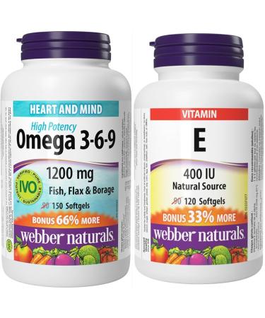 Webber Naturals Omega 3-6-9 1 200 mg Fish Oil 150 Softgels Supports Cardiovascular Health and Brain Function & Vitamin E 400 IU 120 Softgels Natural Source of Vitamin E Antioxidant Support Omega 3-6-9 + Vitamin E 400 IU