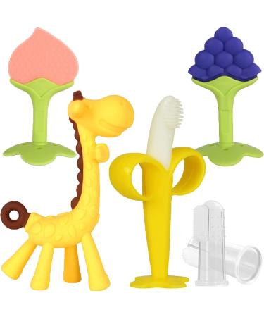 HAILI XMGQ Baby Teething Toys, Silicone Baby Teether Freezer BPA Free, Soothe Babies Teething Relief Sore Gums, Banana Finger Toothbrush, Fruit Shape Giraffe Teether Set for Infant Boys and Girls