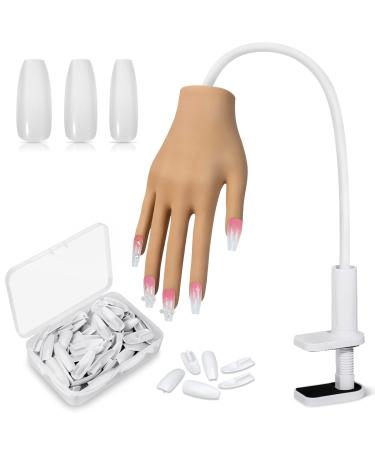 Practice Hand for Acrylic Nails, Flexible Movable Nail Practice Hands, 100PCS Nail Tips Never Fall Off Finger Never Break Nail Hand Practice, Silicone Acrylic Practice Hand Fake Hand for Nail Practice Practice Hand with 100PCS White Nail Tips