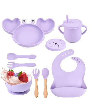 Toddler Feeding Set Silicone Baby Weaning Set with Suction Plate & Bowl Straw Sippy Cup or Snack Cup Adjustable Bib Folk & Spoon Easy Wipe Clean Feeding Sets (Purple Y22)