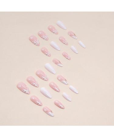 Justotry 24 Pcs White Flower Stiletto False Nails | Milky French Press on Nails | Trendy Swirl Design | Nail Glue & Almond Stick Included | Short & Medium Length | Women's Art Fake Nails - Buy Online on SooperMarket.com