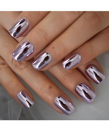 24pcs Metallic Chrome Short Length Press On Nails - Purple Solid Color Salon Manicure | High Shine Mirror Fake Nail Set - Round Tip Acrylic Nails - L5941-1 - Buy Online on SooperMarket.com