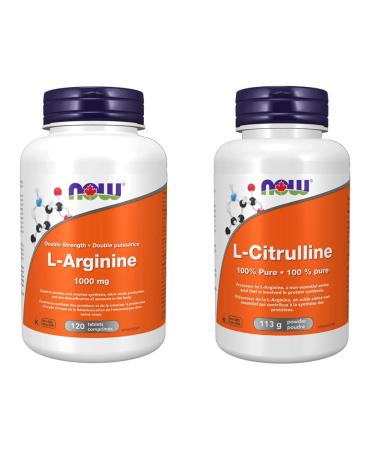 NOW Supplements L-Arginine 1000mg Tablets (120 Count) + L-Citrulline Pure Powder (113g) L-Arginine Tablets + Powder 113g