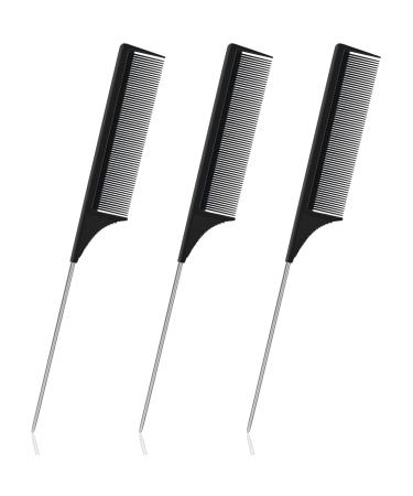 Sularpek 3 Pieces Tail Comb Carbon Fibre Styling Comb Rat Tail Comb Anti Static Heat Resistant Steel Pintail Comb Cutting Fine Tooth Comb Teasing Hair Comb for Women and Men Black 3 Pcs Rat Tail Comb