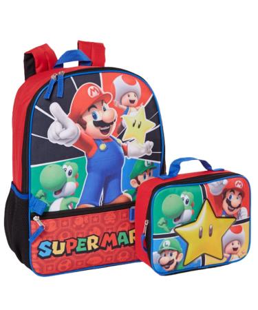 RALME Super Mario Backpack with Lunch Box Set for Boys & Girls, 16 inch, Value Bundle