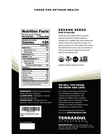 Terrasoul Superfoods Organic Hulled Sesame Seeds 2 Lbs - Ideal for Tahini | Gluten-free & Raw - Buy Online on SooperMarket.com