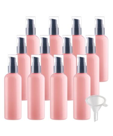 ZEOABSY 12 Pieces 100 ml Pink Lotion Bottles with Black Pump 100ml Empty PET Plastic Lotion Pump Bottle Cosmetic Gel Travel Container for Cosmetic Make up Cleaning + 2 x Funnel Pink 100ml