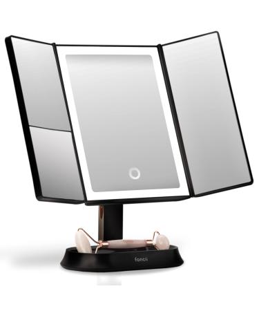 Fancii Makeup Mirror with Natural LED Lights, Lighted Trifold Vanity Mirror with 5X & 7X Magnifications - 40 Dimmable Lights, Touch Screen, Cosmetic Stand - Sora (Black)