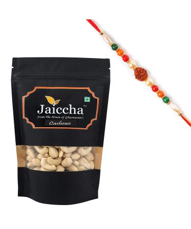 Jaiccha Ghasitaram Rakhi Gifts for Brothers Rakhi Dryfruits - Goan Cashews 200 GMS in Black Paper Pouch with Rudraksh Rakhi