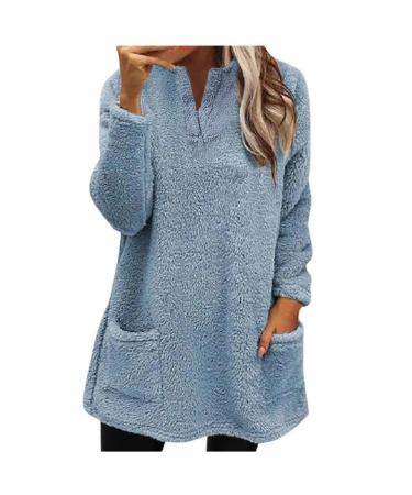 AMhomely Ladies Womens Soft Teddy Fleece Hooded Jumper Plus Size Double Fleece Casual Hoodies With Pocket V Neck Soft Fleece Hooded Sweatshirts Plain Pullover Tops Winter Lightweight Lounge Tops 01 Blue S