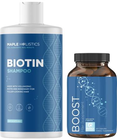 Biotin Vitamins and Shampoo for Thinning Hair - Sulfate Free Volumizing Shampoo with Tea Tree and Rosemary Essential Oils for Fine Thin Hair Care Plus Regrowth Biotin Vitamins for Hair Skin and Nails