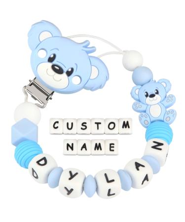 Kowlone pacifier chain with name boys girls personalized teddy bear pacifier clips holder (light blue) A: Teddy Bear Light Blue