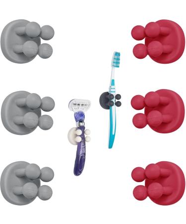 Tecbull Funny Hooks toothbrush holder razor holder shower razor bracket without drilling toothbrush holder Self -adhesive clamping holder for toothbrushes (6x gray/raspberry red + 6x replacement adhesive pad) 3x gray + 3x raspberry