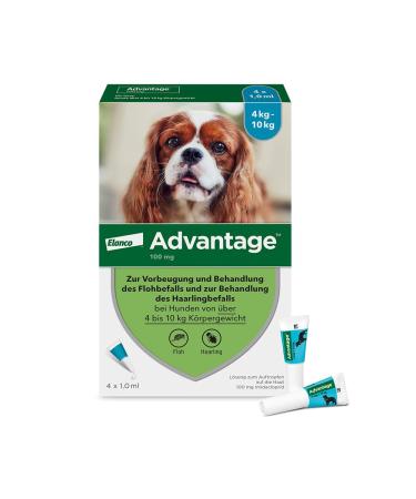 Elanco Advantage Spot-on 100 For small dogs from 4 to 10 kg body weight rapid control of fleas and protection against flea infestation for up to 4 weeks 4 pipettes with 1.0 ml solution