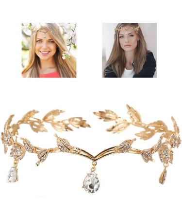 Rhinestone Leaf Headband Golden Wedding Head Chain with Teardrop Crystal Leaf Hair Vine - Buy Online on SooperMarket.com