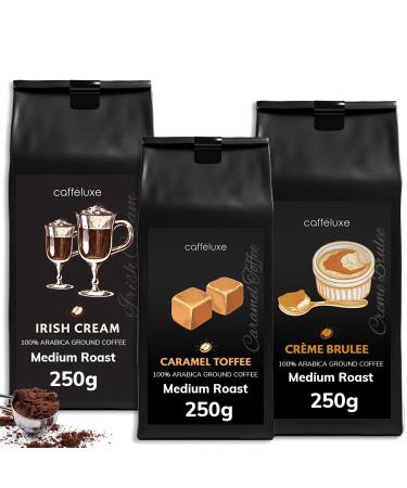 Caffeluxe - Medium Roast Flavoured Ground Coffee Beans -100% Arabica Beans - Filter Coffee - Natural Flavouring Irish Cream Caramel Toffee & Creme Br l e - 3x 250g Per Bag