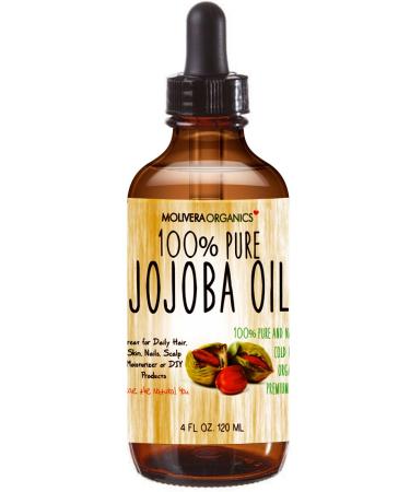 Molivera Organics Premium Jojoba Oil 4 Fl Oz - 100% Pure Organic Cold Pressed Unrefined for Hair, Skin, Face & Nails - UV Resistant Bottle - Satisfaction Guarantee - Buy Online on SooperMarket.com
