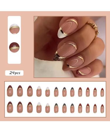 24Pcs Glitter Gold French Line Short Almond Press on Nails - Fashion Fake Nails for Women - Buy Online on SooperMarket.com