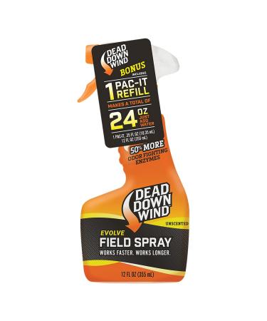 Dead Down Wind Evolve Field Spray 12oz Bottle and 3 Pac-It Refill Unscented Hunting Spray for Odor, Great for Hunting Accessories, Clothes, and Gear