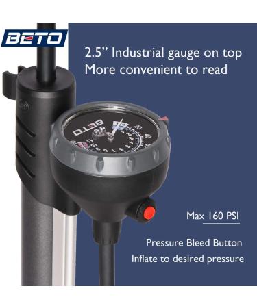 Beto Portable Bike Pump with Gauge - 160 PSI, Presta/Schrader/Dunlop Valve Compatible - Buy Online on SooperMarket.com