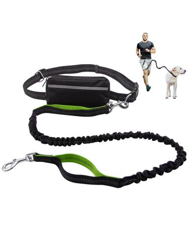 Hands Free Dog Lead for Running Walking Training Hiking Dual-Handle Shock Absorbing Reflective Bungee Adjustable Waist Belt and Pouch Ideal for Medium to Large Dogs(Black/Green)