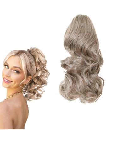 prinfantasy Hair Extensions Clip in Ponytail Hair Extensions 11 Inches Curly Ponytail Extension Light Ash Blonde Highlighted Hair Extensions Clip Short GBMW296 MW296 11 inch