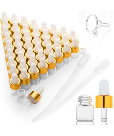 50 Pcs Mini Dropper Bottles Empty Glass Tincture Bottles with Golden Caps Perfume Sample Vials for Essential Oils&Body Oil&Liquids Traveling DIY Containers Included Pipette&Funnel (1ml)