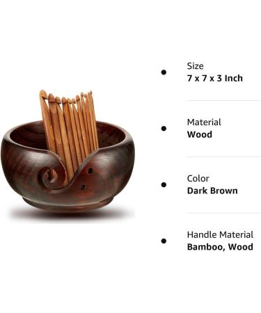 Handmade Wooden Yarn Bowl with 12 Crochet Hooks - Dark Brown 7x7x3 Inch - Crocheting & Knitting Storage and DIY Crafts Tools - Buy Online on SooperMarket.com