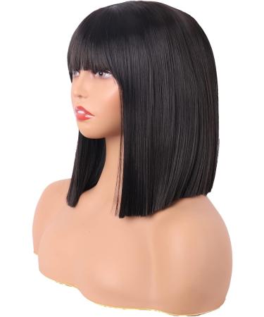 MapofBeauty 12 Inch/30 cm Straight Bob Flat Bangs Short Colorful Synthetic Hair Cosplay Party Wig (Black) - Buy Online on SooperMarket.com