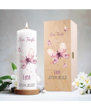 Brilliant Gravure Printed Christening Candle - Personalized Baptism Gift for Girls & Boys - High-Quality 250/80 mm Pink Butterfly Design - Buy Online on SooperMarket.com