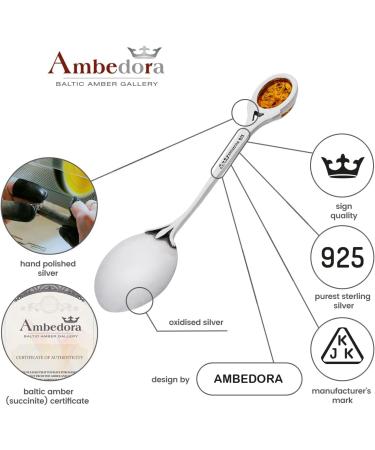 AMBEDORA Small Spoon | Sterling Silver Oxidised Spoon with Amber | Ideal Christening or Birthday Gift for Boys and Girls - Buy Online on SooperMarket.com