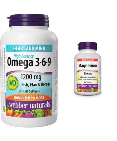 Webber Naturals Omega 3-6-9 1 200 mg Fish Oil + Magnesium 500 mg Tablets Bundle for Cardiovascular Brain Bone and Muscle Health Omega 3-6-9 + Magnesium 500 mg