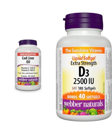 Webber Naturals Cod Liver Oil with Vitamin A and D3 180 Softgels Vision Skin and Immune Support & Vitamin D3 2500 IU Extra Strength 180 Softgels For Healthy Bones Teeth Vitamin +Vitamin D3 2500 IU