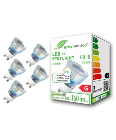 Greenandco 5x CRI 90+ GU10 35mm LED spot 3W 160 LM 50 3000K warm white 230V flicker -free not dimmable 2 years guarantee 3W 3000K 50 35mm 5 pieces (1 Pack)