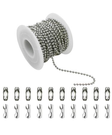 32.8 Feet Stainless Steel Ball Beaded Chain Necklace Chains for Making Jewelry with 20 Pieces Matching Connectors Silver Color Metal Pull Chain Roll Spool Ball for Dog Tag DIY (2.4mm in Diameter)