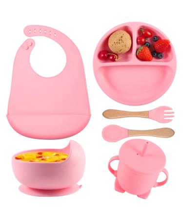 Baby Weaning Set 6 Pcs Silicone Baby Feeding Set Includes Adjustable Bib Divided Plate Suction Bowl Drinking Cup Fork and Spoon for Babies Toddlers Kids Pink
