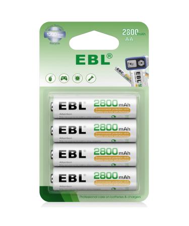 EBL AA Rechargeable Batteries 1.2V NiMH Double A Battery 2800mAh High Capacity Pre-Charged Long Lasting - 4 Pack