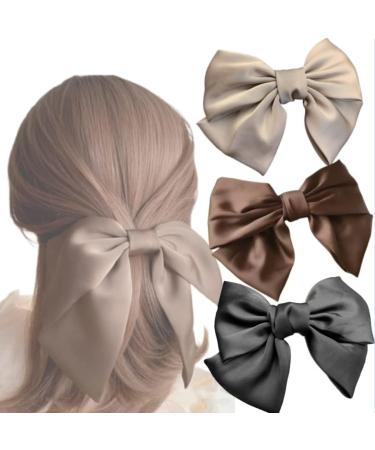 3 Pcs Vintage Bow Hair Clips Large Bow Hair Clips Hair Barrettes French Bowknot Hair Clips Headpiece For Women Girls (Black Brown Khaki)