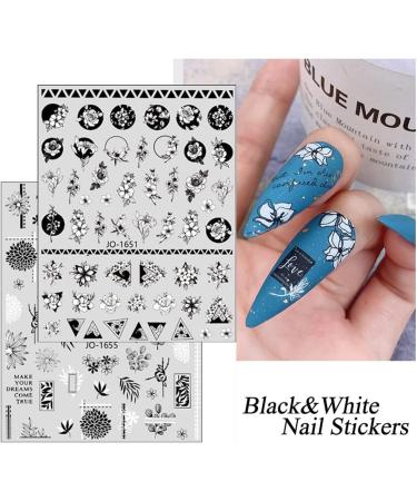 Retro Flower Nail Art Stickers - 12 Sheets Self-Adhesive Decals for DIY Nail Design - Vintage Floral Vine Letters in Black and White - Nail Supplies for Women - Buy Online on SooperMarket.com