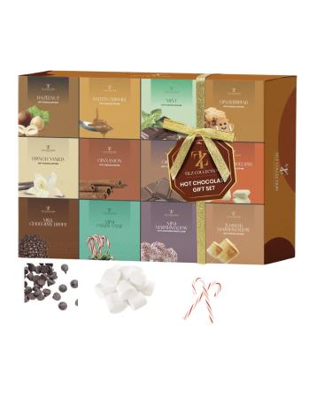 Hot Chocolate Gift Set | 9 Assorted Hot Choc Sachets Flavours Mini Mallows Choc Drops Crushed Candy Canes | Individually Boxed for Hampers | Valentines Day Gift | Mothers Day | Kids Adults 12pk