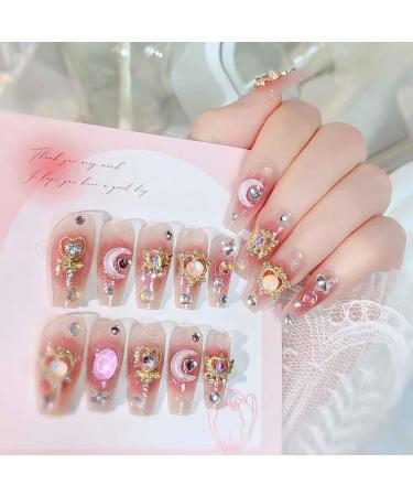 RikView Long Press on Nails Pink Fake Nails with 3D Design Coffin Nails Glossy Full Cover Nails for Women 24 PCs/Set Long Coffin Pink 3D Design